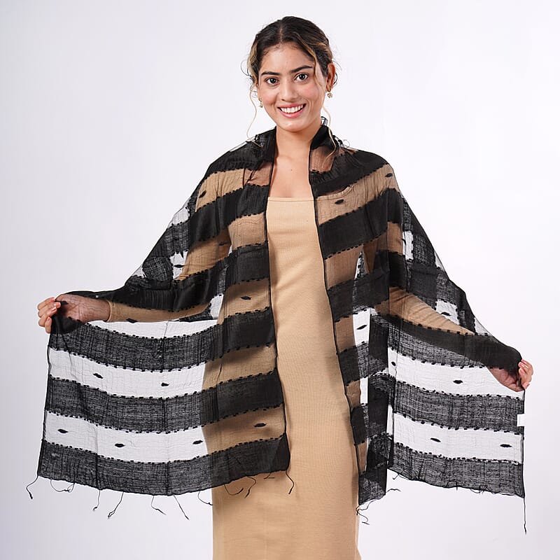 Closeout Black Silk and Modal Blend Natural Floating Stripe Scarf