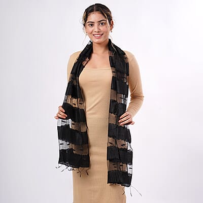 Closeout Black Silk and Modal Blend Natural Floating Stripe Scarf