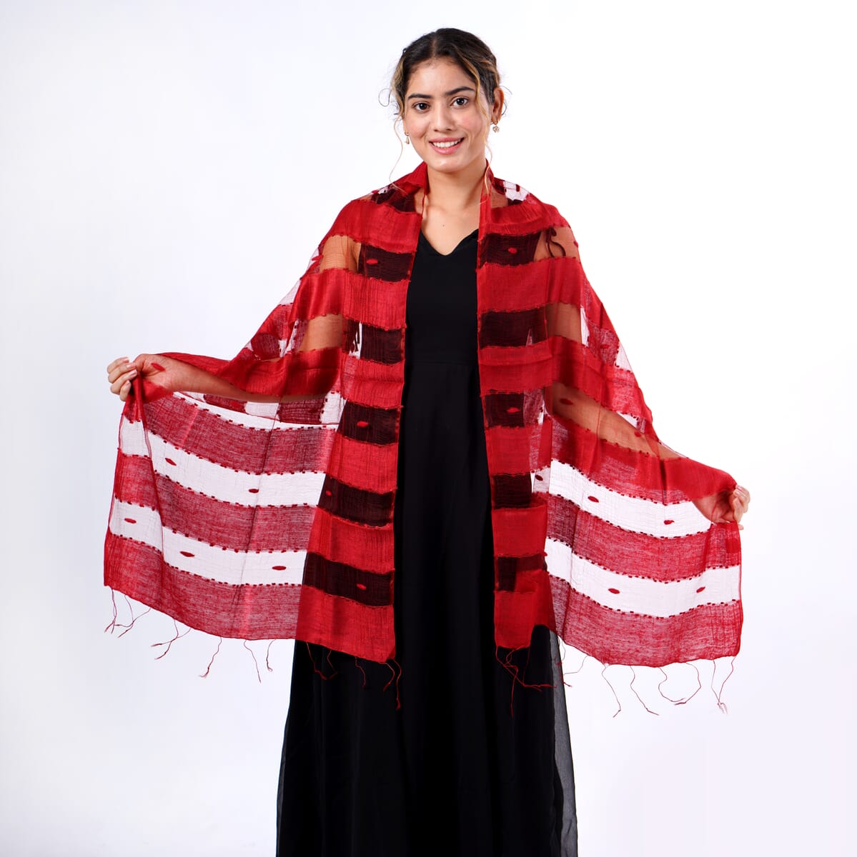 Closeout Red Silk and Modal Blend Natural Floating Stripe Scarf image number 0