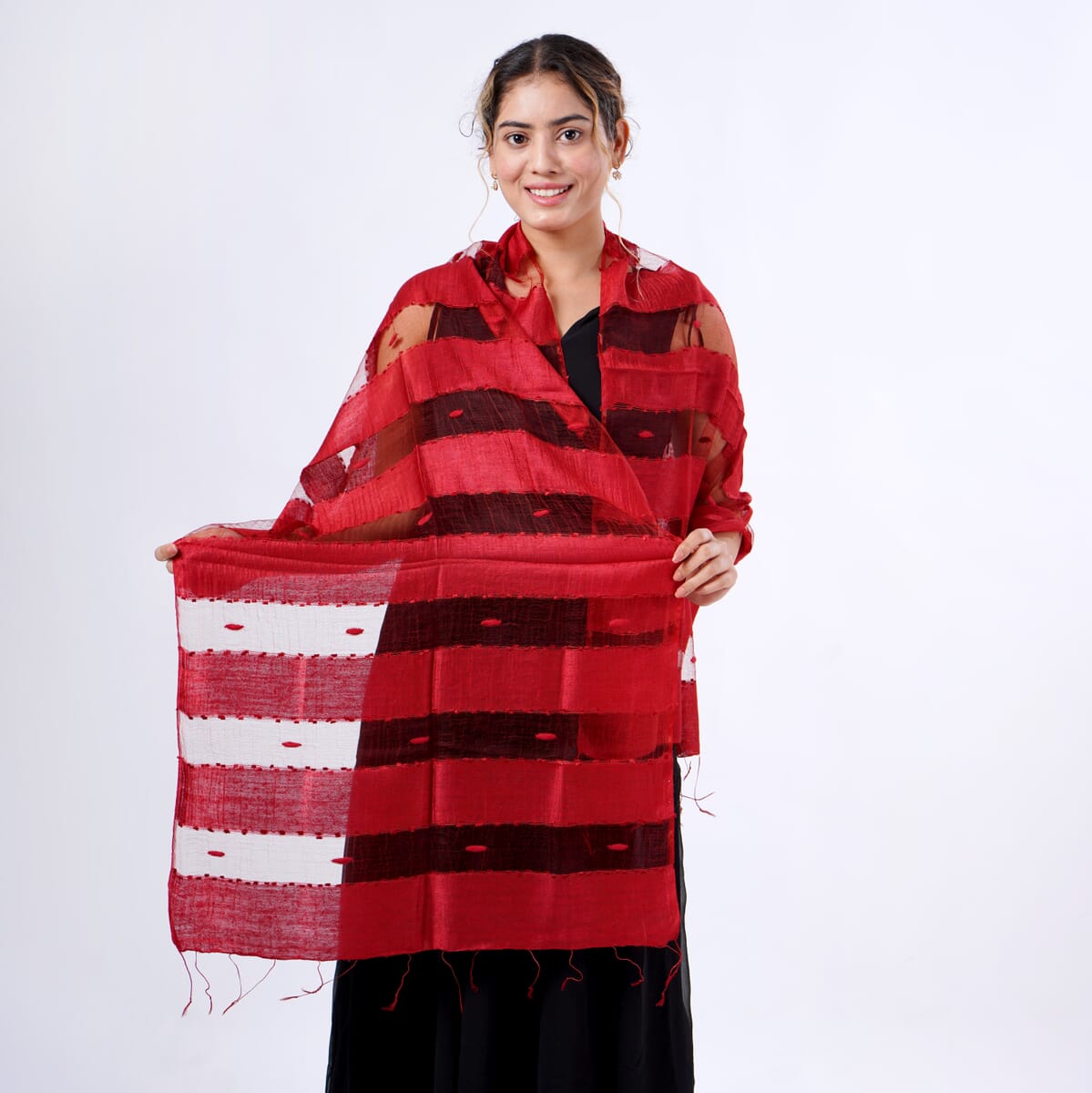 Closeout Red Silk and Modal Blend Natural Floating Stripe Scarf image number 1