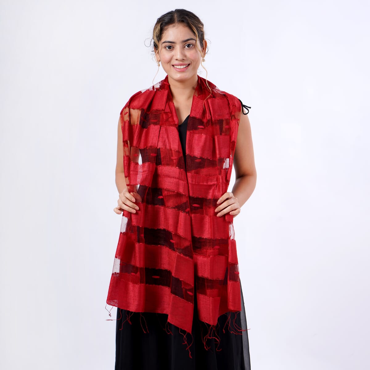 Closeout Red Silk and Modal Blend Natural Floating Stripe Scarf image number 2