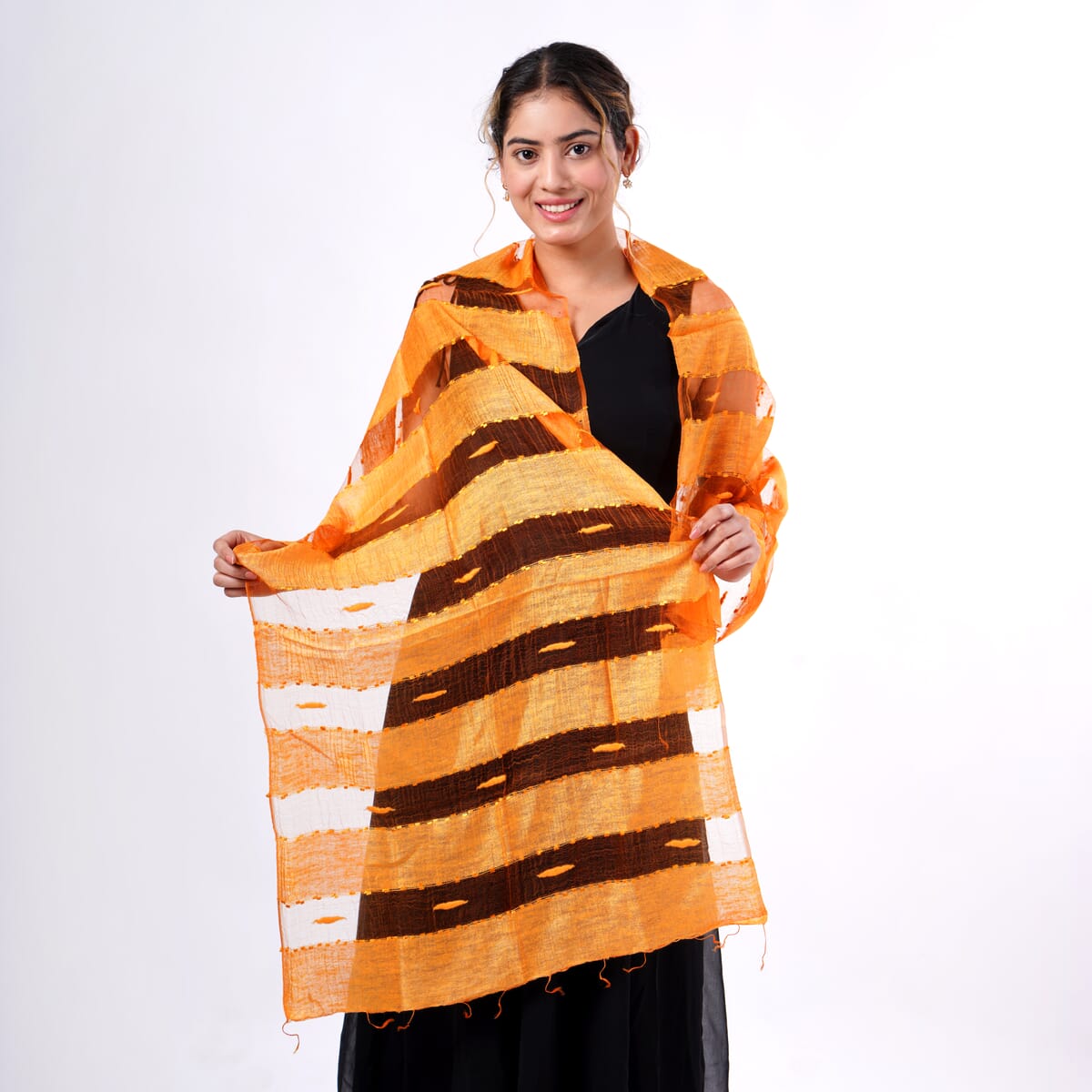 Closeout Golden Silk and Modal Blend Natural Floating Stripe Scarf image number 0