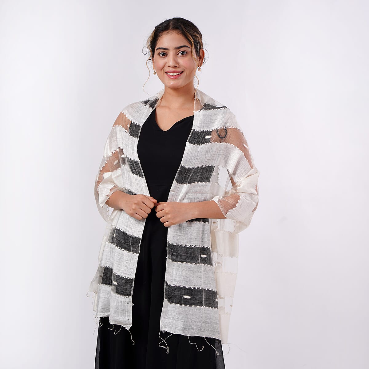 Closeout Neutral Silk and Modal Blend Natural Floating Stripe Scarf image number 0