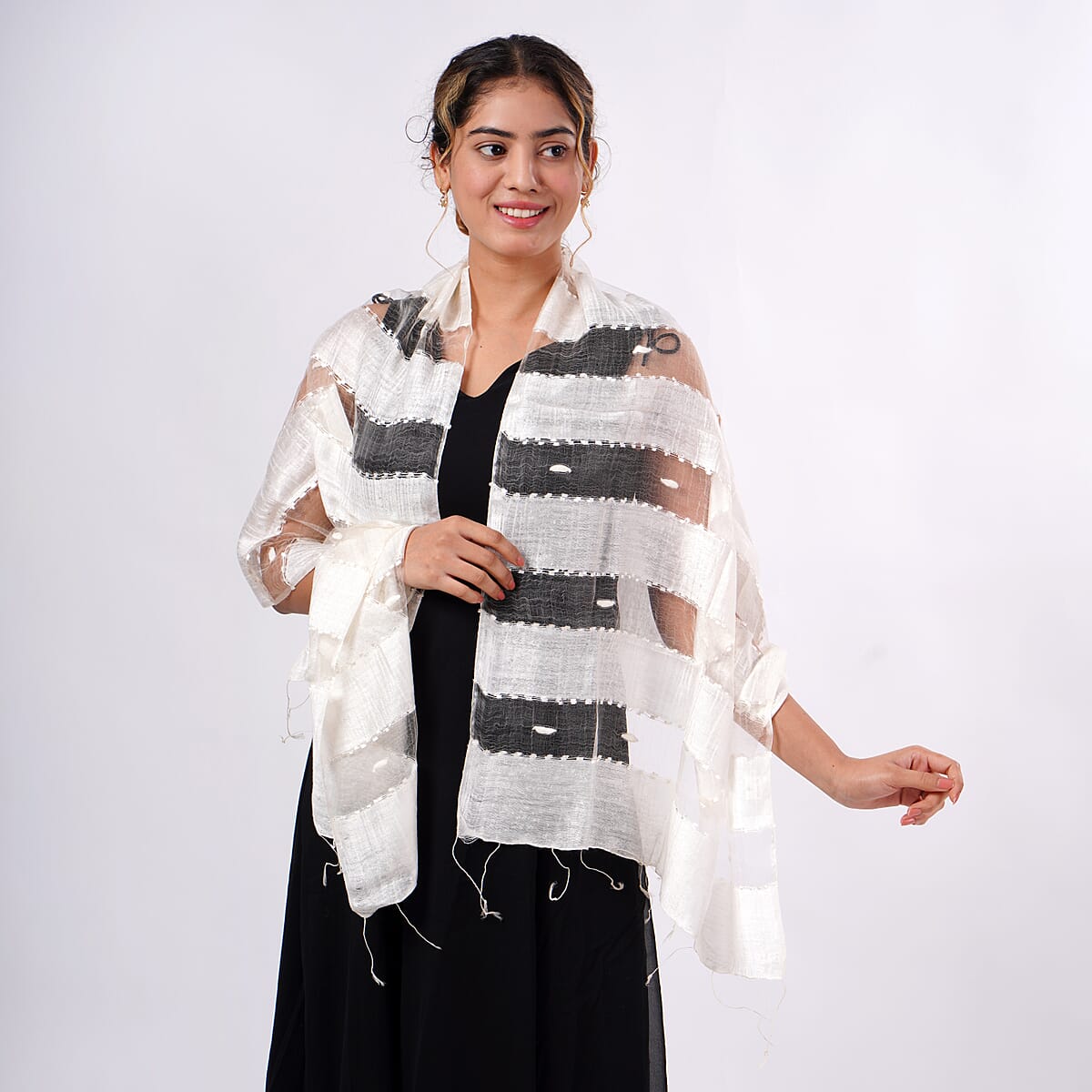 Closeout Neutral Silk and Modal Blend Natural Floating Stripe Scarf image number 1