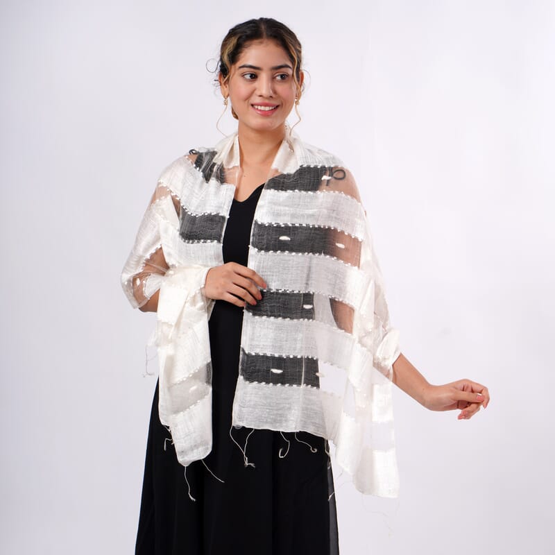 Closeout Neutral Silk and Modal Blend Natural Floating Stripe Scarf