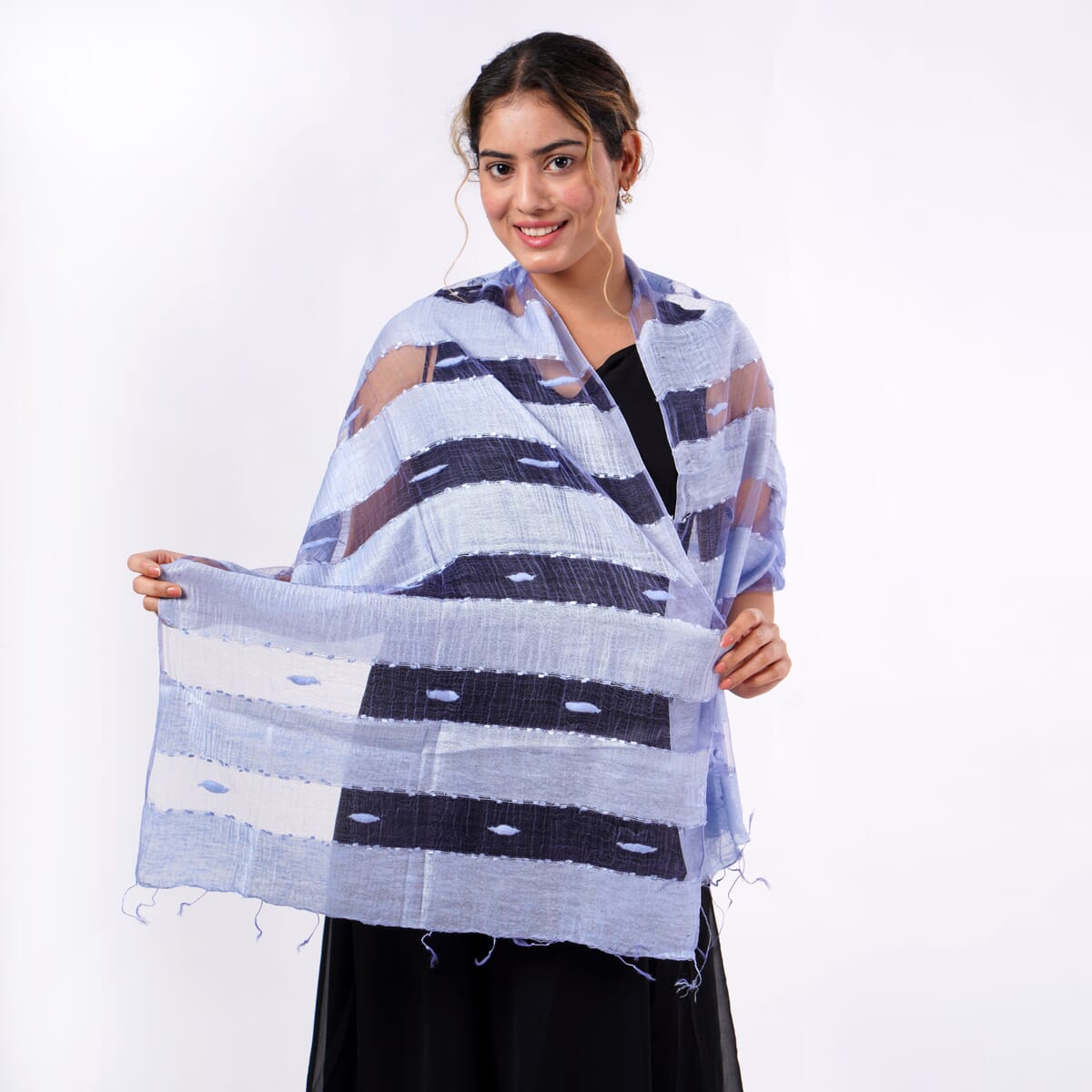 Light Blue Silk and Modal Blend Natural Floating Stripe Scarf image number 0
