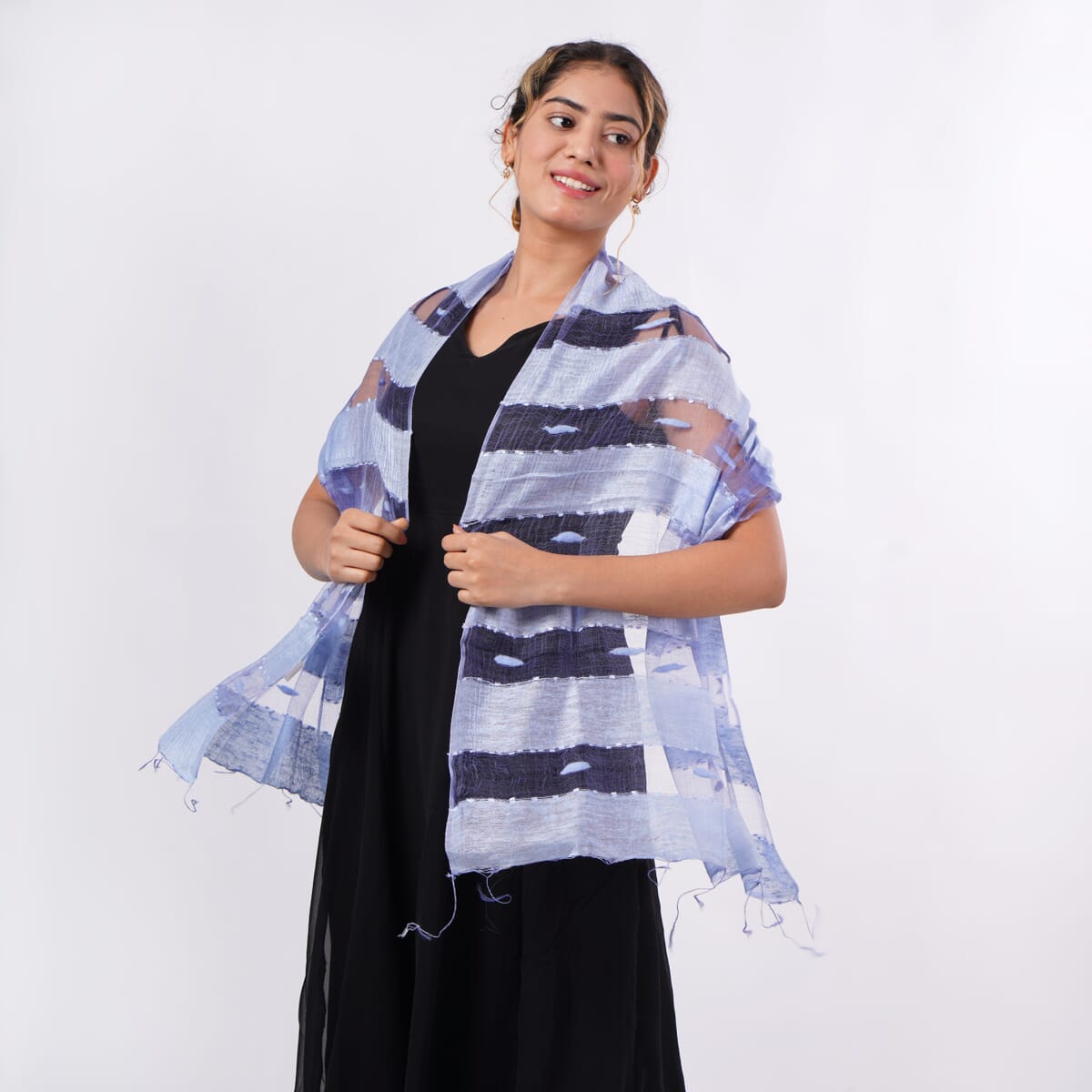 Light Blue Silk and Modal Blend Natural Floating Stripe Scarf image number 1