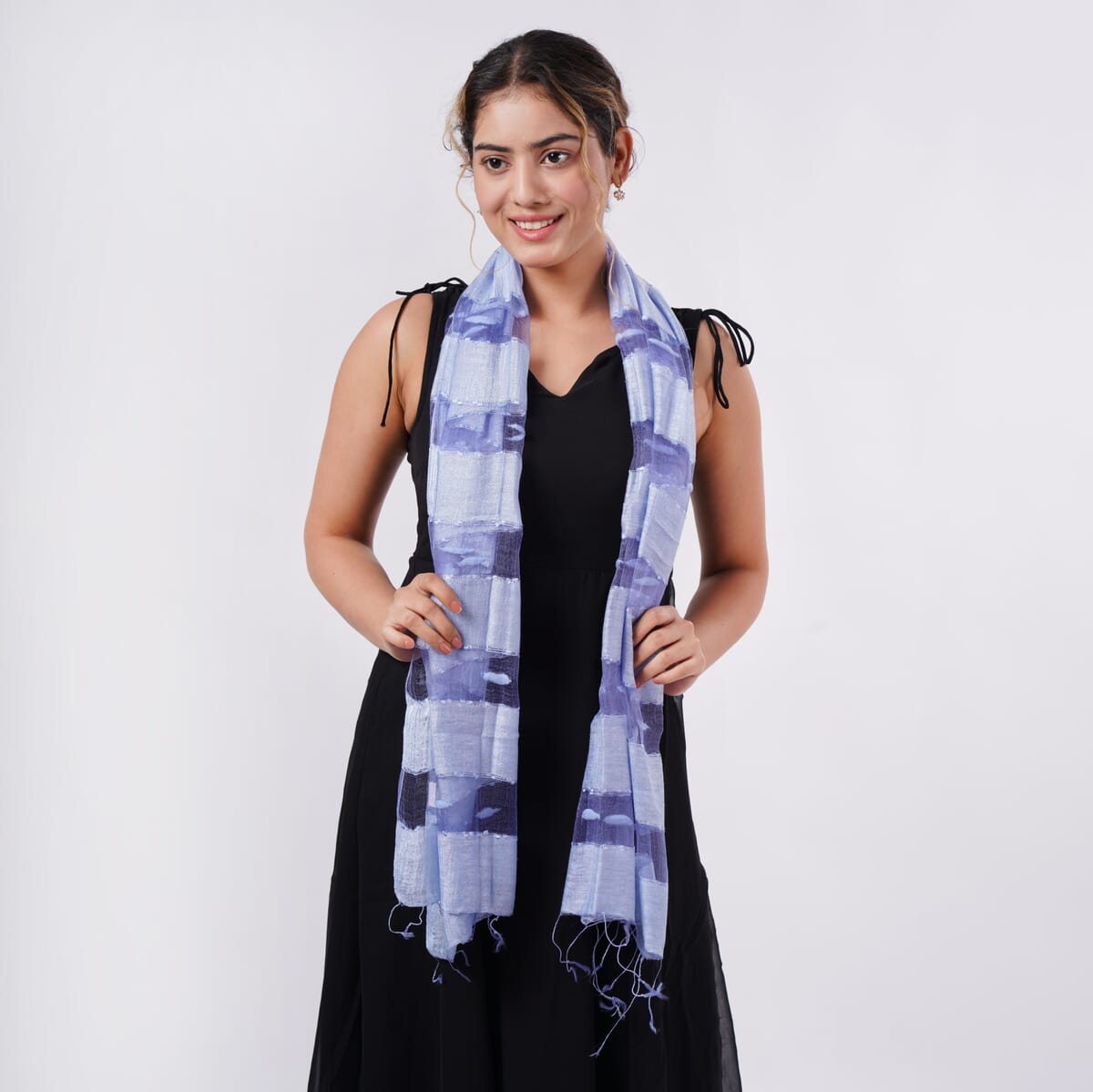 Light Blue Silk and Modal Blend Natural Floating Stripe Scarf image number 2