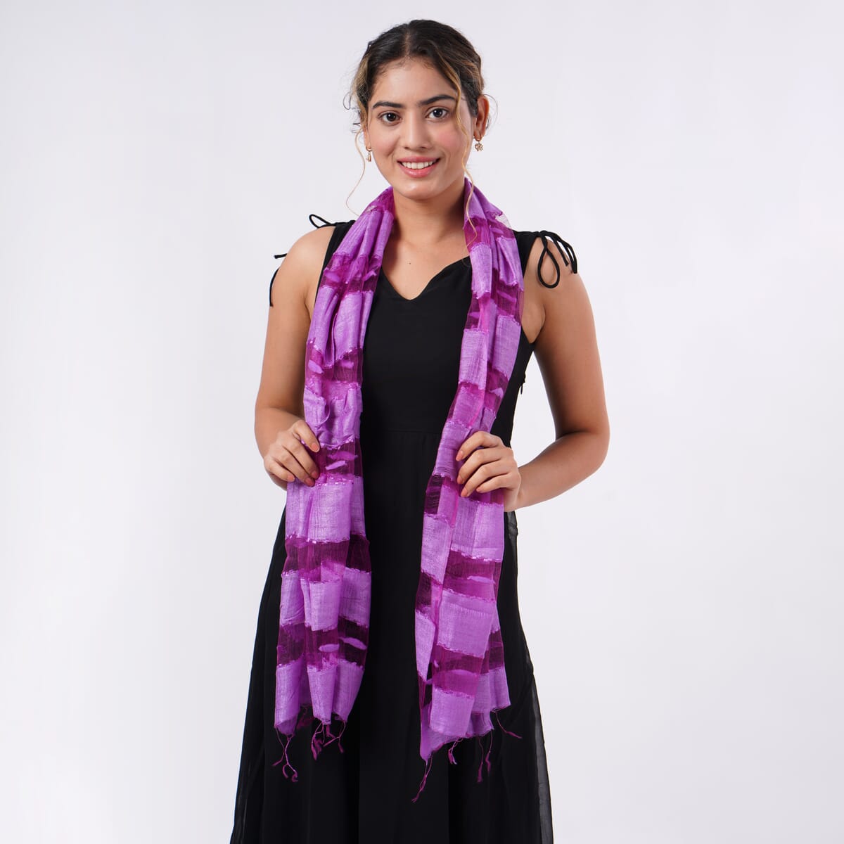 Closeout Purple Silk and Modal Blend Natural Floating Stripe Scarf image number 1
