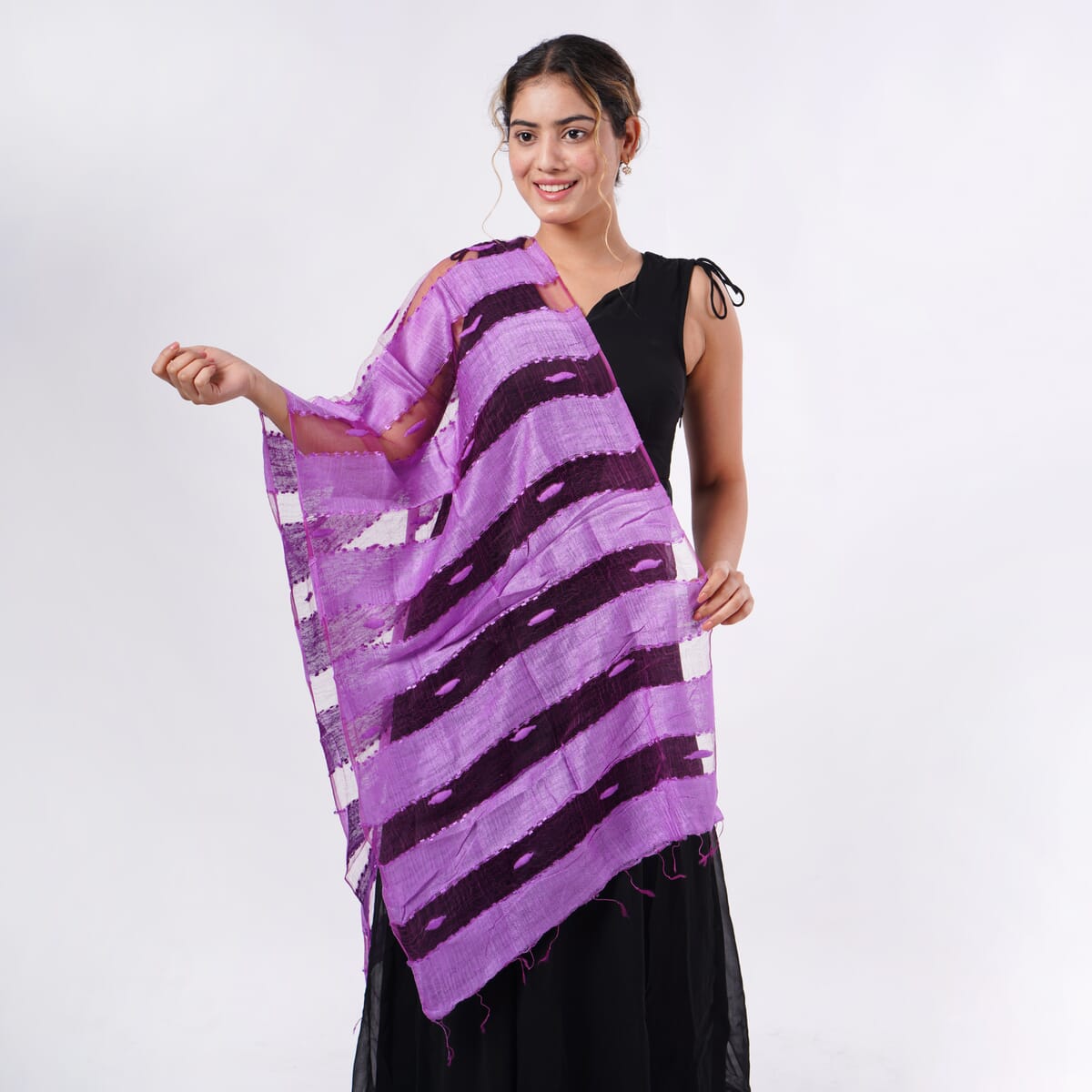 Closeout Purple Silk and Modal Blend Natural Floating Stripe Scarf image number 2