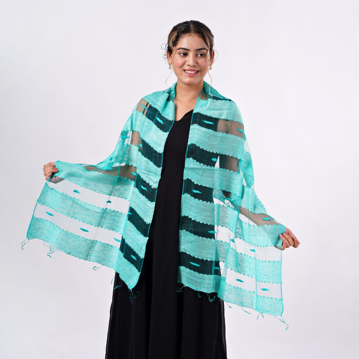 Closeout Aqua Silk and Modal Blend Natural Floating Stripe Scarf image number 0