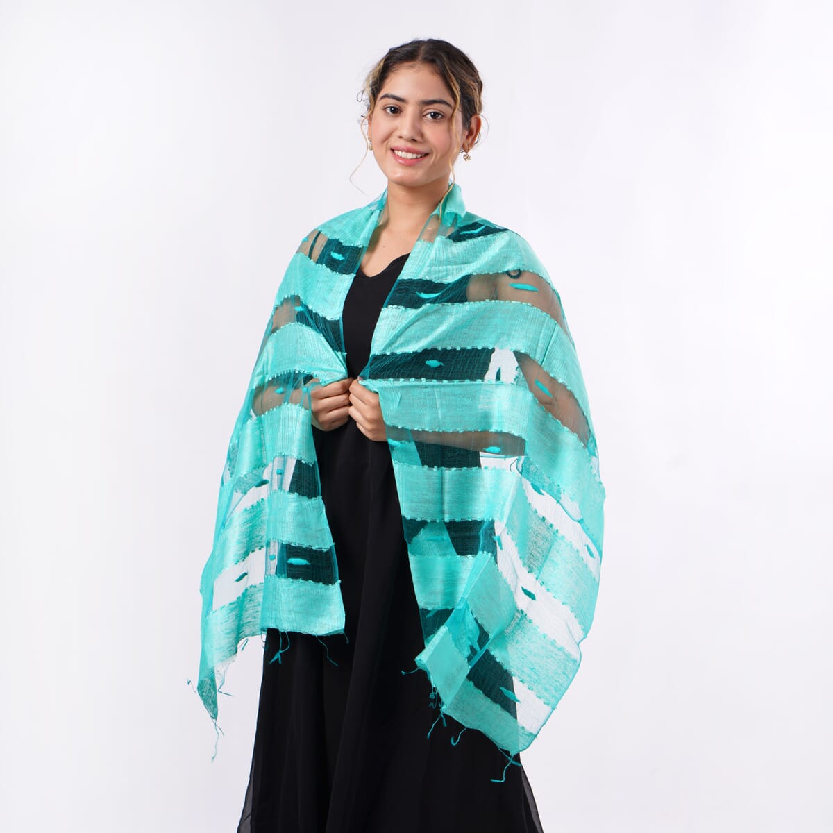 Closeout Aqua Silk and Modal Blend Natural Floating Stripe Scarf image number 1