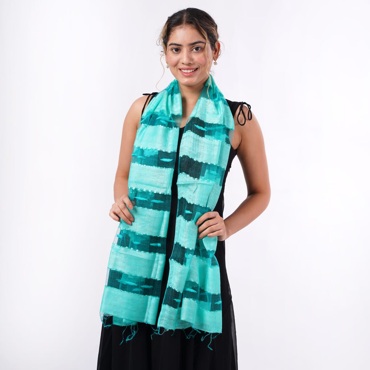 Closeout Aqua Silk and Modal Blend Natural Floating Stripe Scarf image number 2