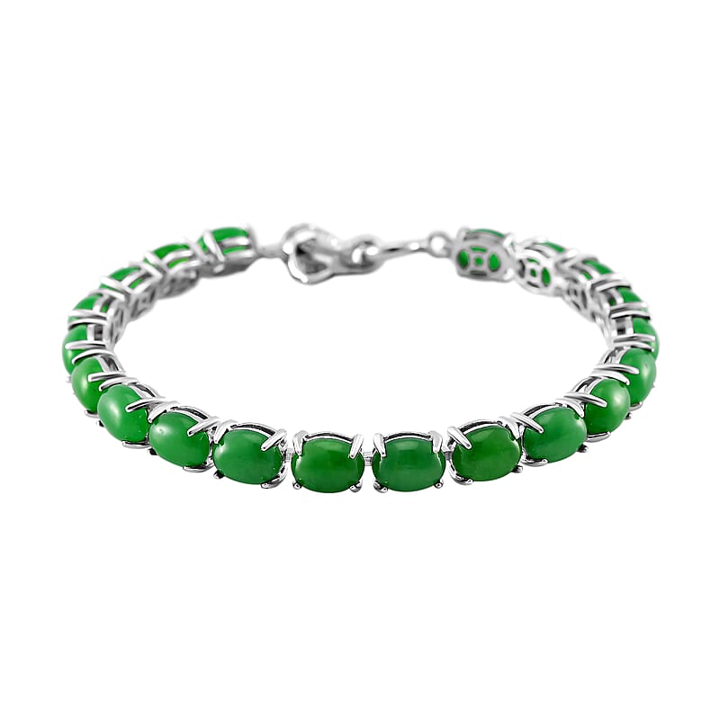 Green Jade (D) 32.25 ctw Tennis Bracelet with Elephant Head in Rhodium Over Sterling Sil (8.00 In)