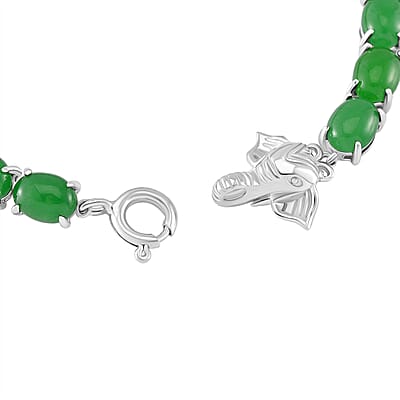 Green Jade (D) 32.25 ctw Tennis Bracelet with Elephant Head in Rhodium Over Sterling Sil (8.00 In)