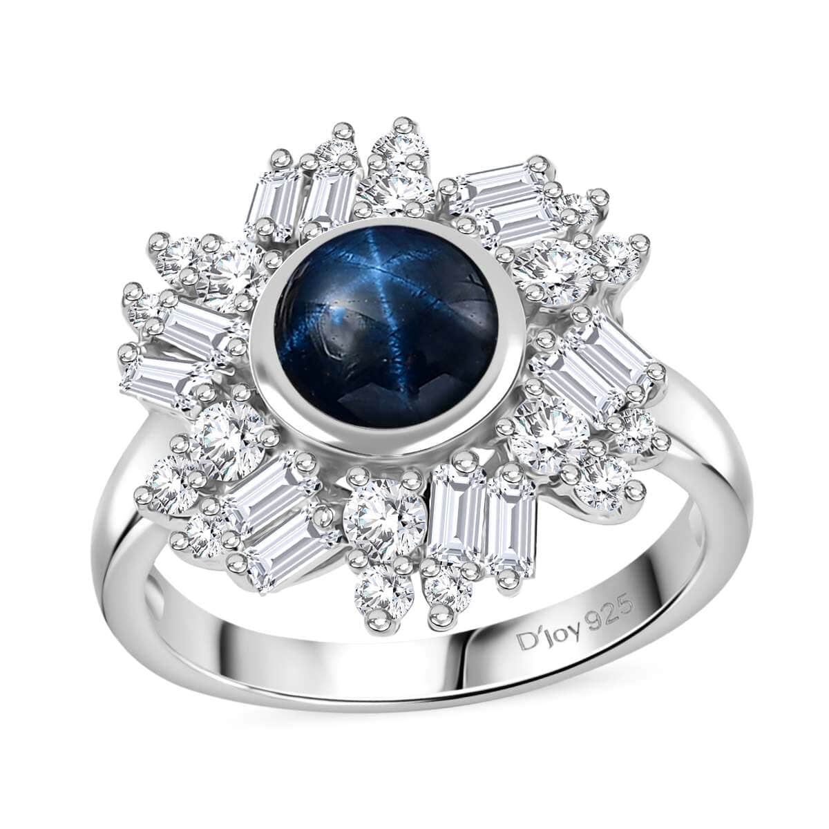 Blue Star Sapphire (DF) and Moissanite 3.40 ctw Lunar Halo Ring in Rhodium Over Sterling Silver (Size 10.0) image number 0