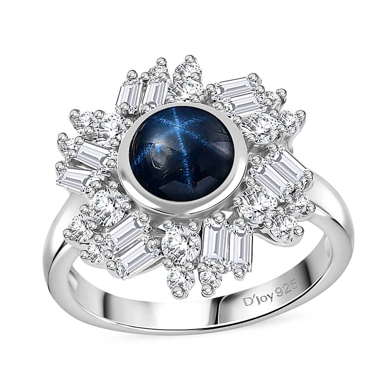 D'Joy Blue Star Sapphire (DF) and Moissanite 3.40 ctw Lunar Halo Ring in Rhodium Over Sterling Silver (Size 10.0)