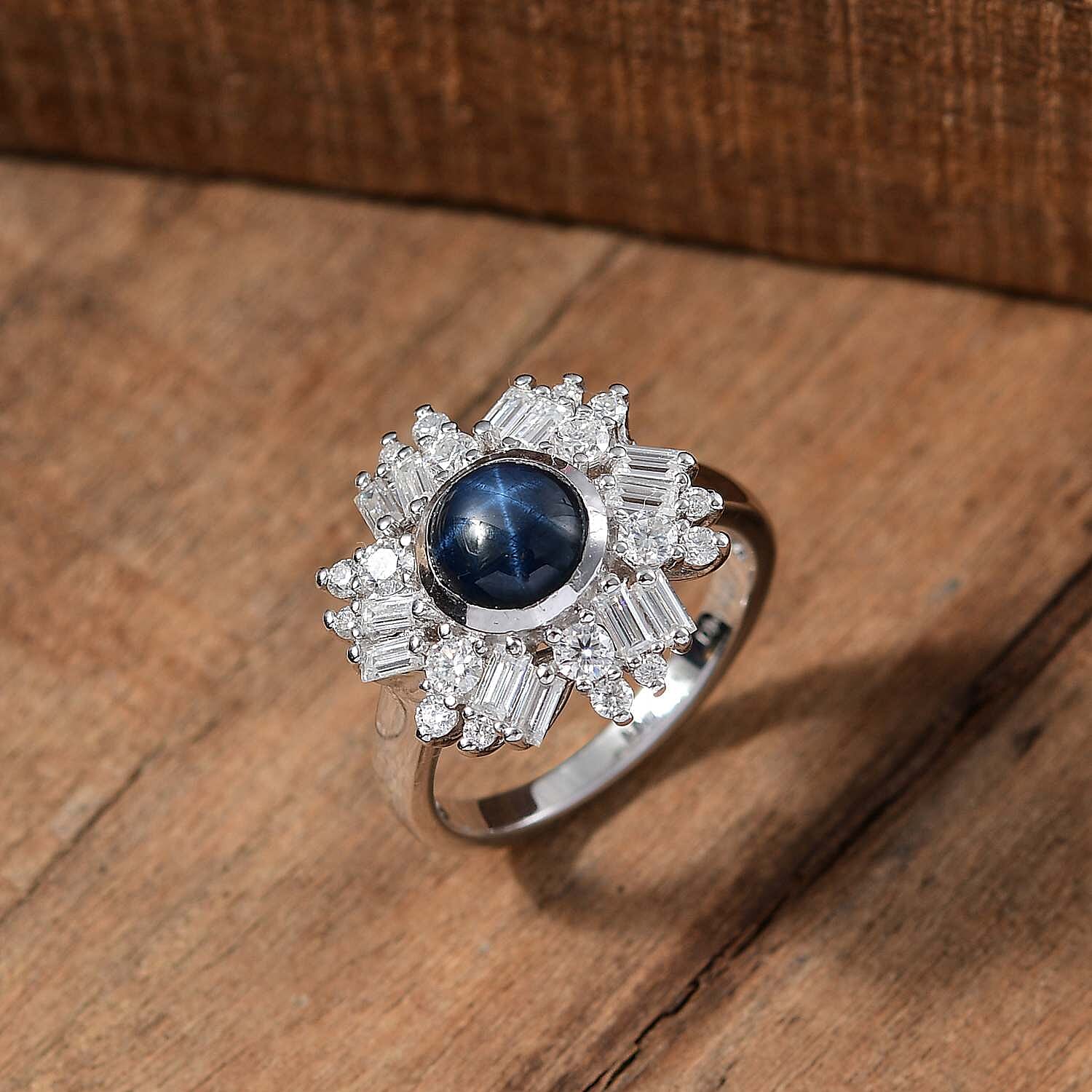 D'Joy Blue Star Sapphire (DF) and Moissanite 3.40 ctw Lunar Halo Ring in Rhodium Over Sterling Silver (Size 10.0)