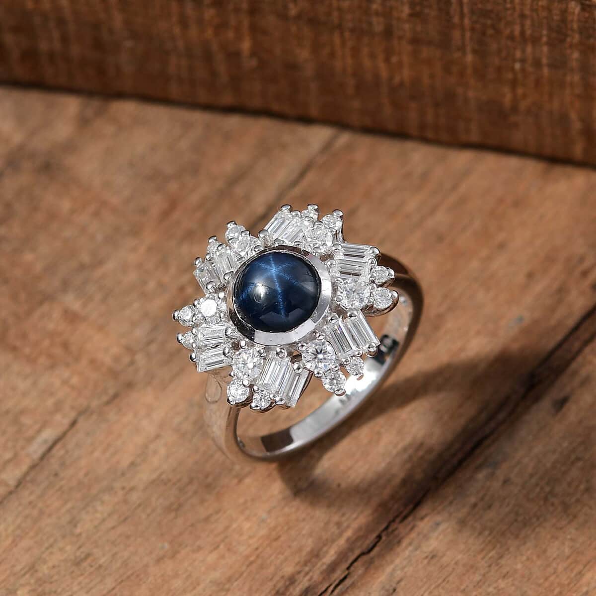 Blue Star Sapphire (DF) and Moissanite 3.40 ctw Lunar Halo Ring in Rhodium Over Sterling Silver (Size 10.0) image number 1