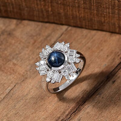 D'Joy Blue Star Sapphire (DF) and Moissanite 3.40 ctw Lunar Halo Ring in Rhodium Over Sterling Silver (Size 10.0)