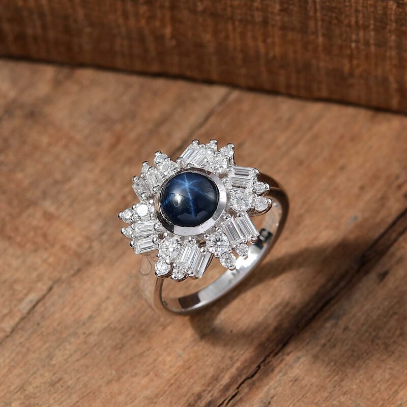 D'Joy Blue Star Sapphire (DF) and Moissanite 3.40 ctw Lunar Halo Ring in Rhodium Over Sterling Silver (Size 10.0)