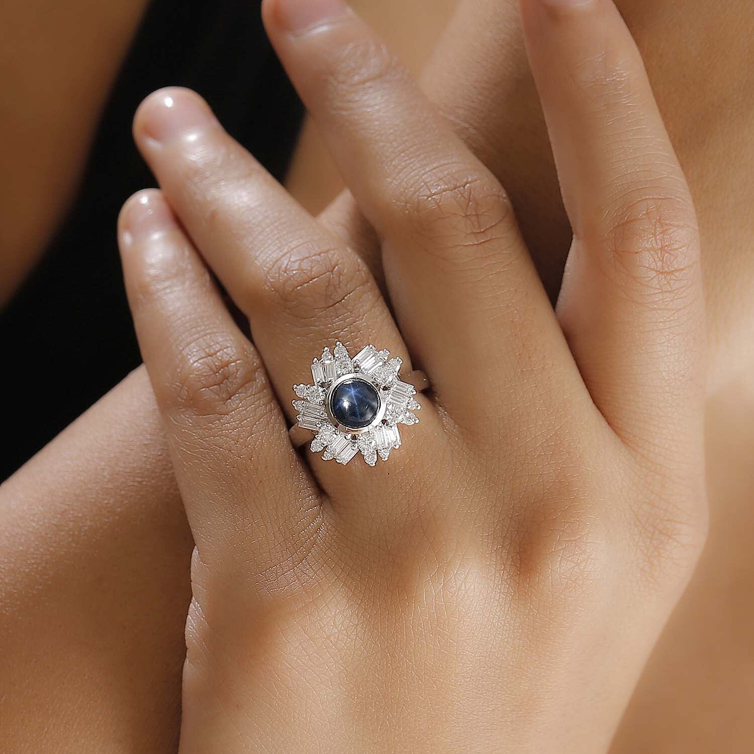 D'Joy Blue Star Sapphire (DF) and Moissanite 3.40 ctw Lunar Halo Ring in Rhodium Over Sterling Silver (Size 10.0)