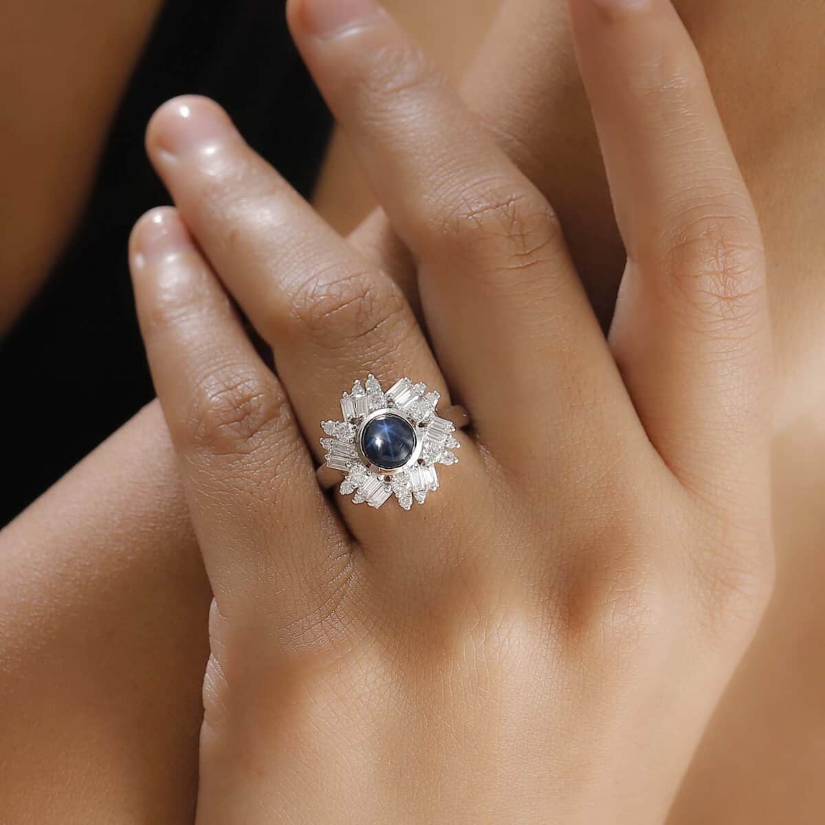 Blue Star Sapphire (DF) and Moissanite 3.40 ctw Lunar Halo Ring in Rhodium Over Sterling Silver (Size 10.0) image number 2