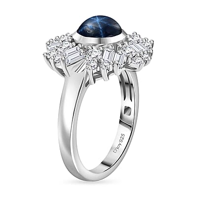 D'Joy Blue Star Sapphire (DF) and Moissanite 3.40 ctw Lunar Halo Ring in Rhodium Over Sterling Silver (Size 10.0)