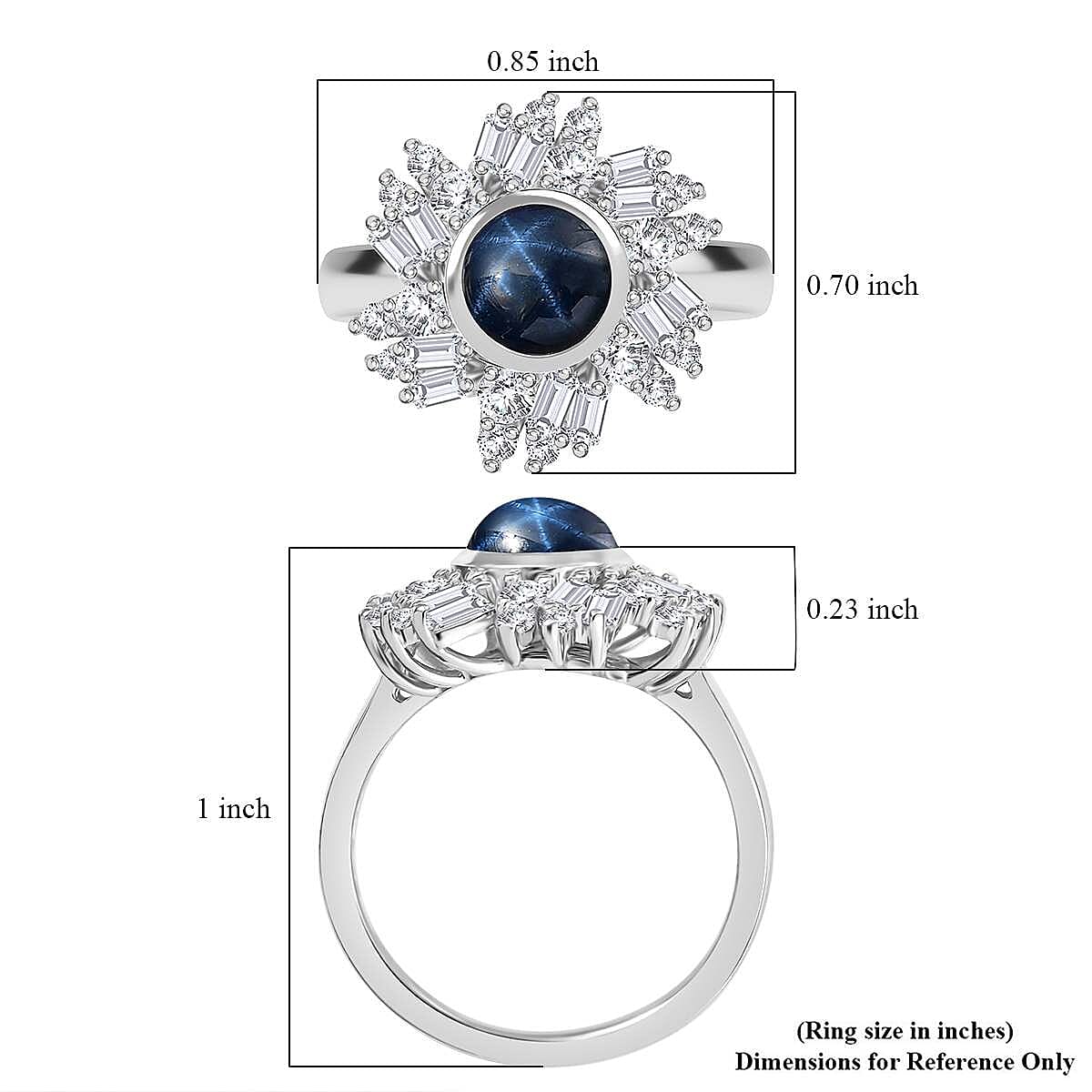 D'Joy Blue Star Sapphire (DF) and Moissanite 3.40 ctw Lunar Halo Ring in Rhodium Over Sterling Silver (Size 10.0)