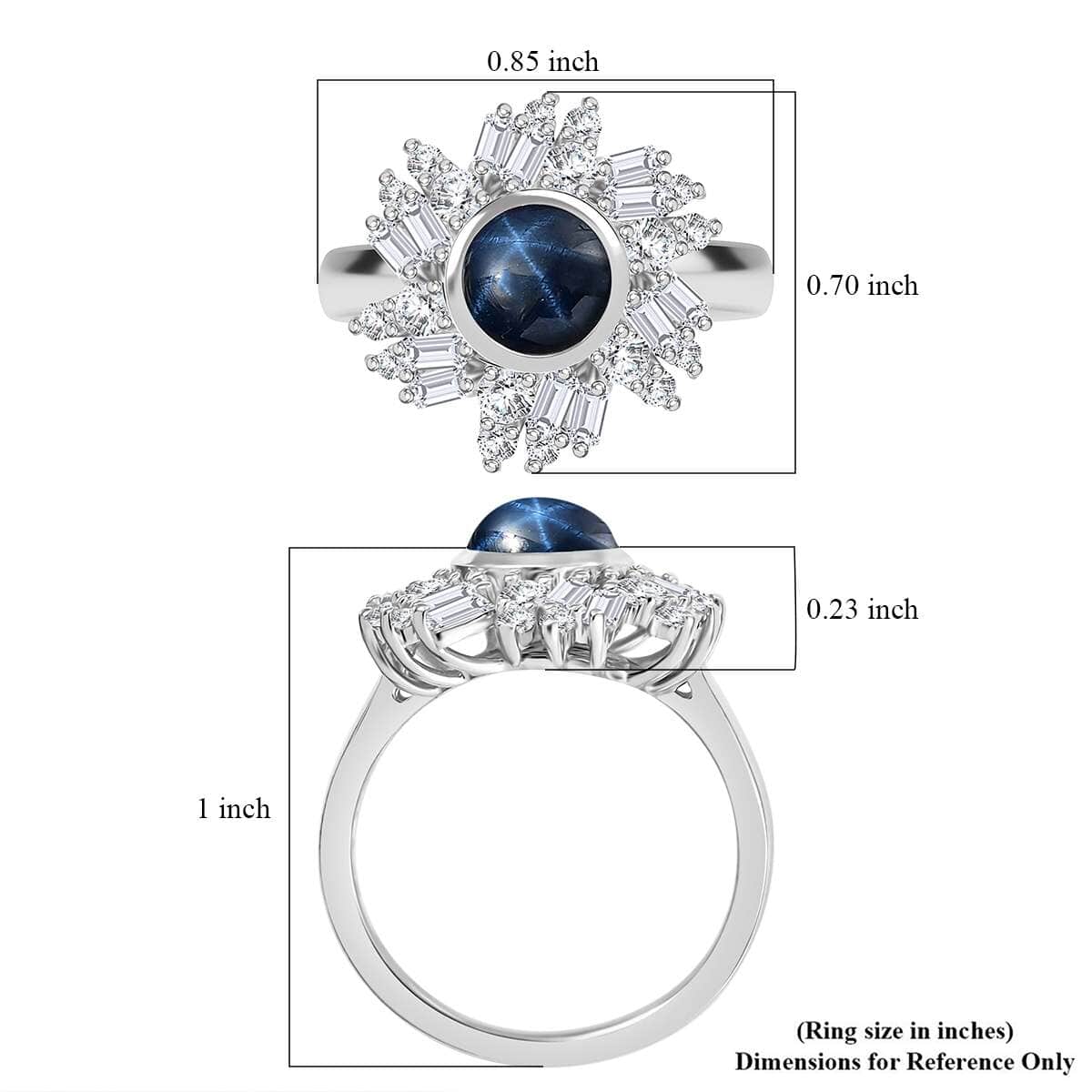 Blue Star Sapphire (DF) and Moissanite 3.40 ctw Lunar Halo Ring in Rhodium Over Sterling Silver (Size 10.0) image number 5