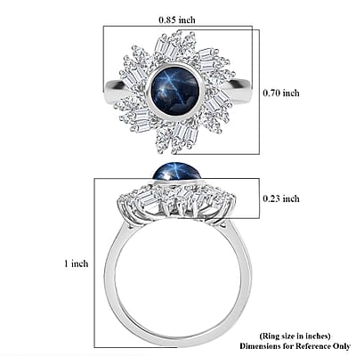 D'Joy Blue Star Sapphire (DF) and Moissanite 3.40 ctw Lunar Halo Ring in Rhodium Over Sterling Silver (Size 10.0)