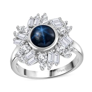 Blue Star Sapphire (DF) and Moissanite 3.40 ctw Lunar Halo Ring in Rhodium Over Sterling Silver (Size 6.0)