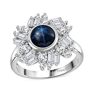 D'Joy Blue Star Sapphire (DF) and Moissanite 3.40 ctw Lunar Halo Ring in Rhodium Over Sterling Silver (Size 8.0)