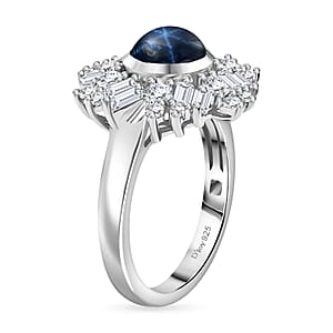 D'Joy Blue Star Sapphire (DF) and Moissanite 3.40 ctw Lunar Halo Ring in Rhodium Over Sterling Silver (Size 8.0)