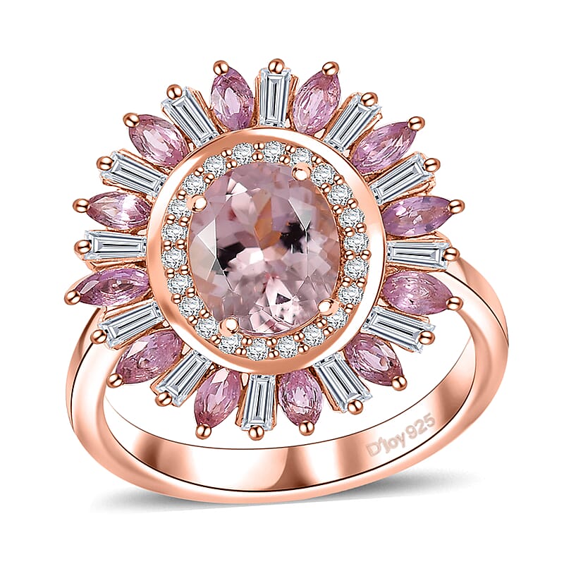 D'Joy Premium Pink Morganite and Multi Gemstone 3.50 ctw Floral Ring in 18K Vermeil RG Over Sterling Silver (Size 10.0) 