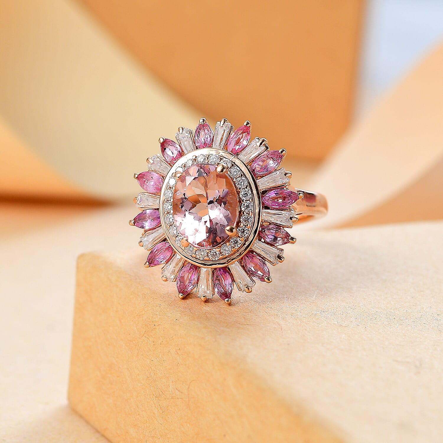 D'Joy Premium Pink Morganite and Multi Gemstone 3.50 ctw Floral Ring in 18K Vermeil RG Over Sterling Silver (Size 10.0) 