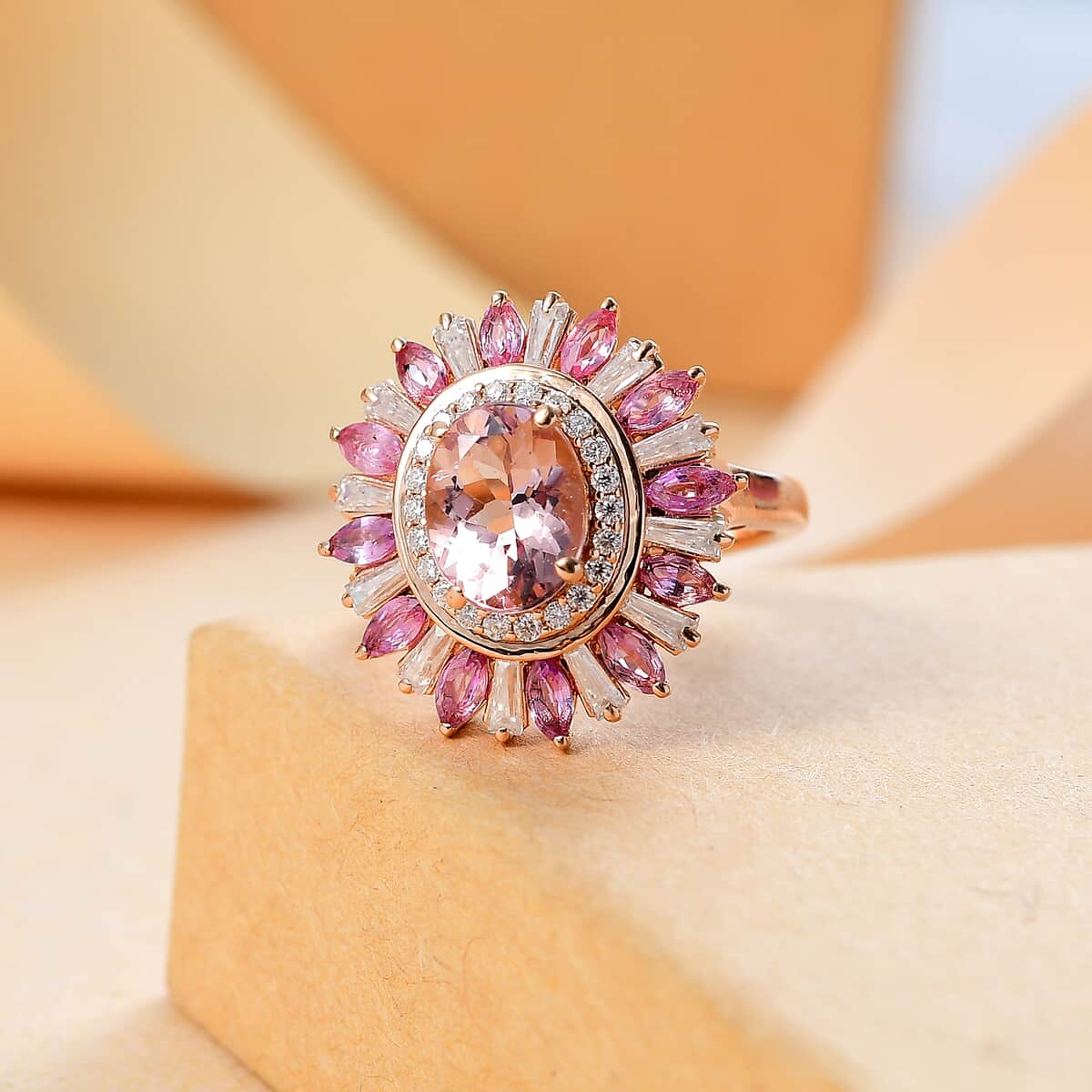 Premium Pink Morganite and Multi Gemstone 3.50 ctw Floral Ring in 18K Vermeil RG Over Sterling Silver (Size 10.0)  image number 1