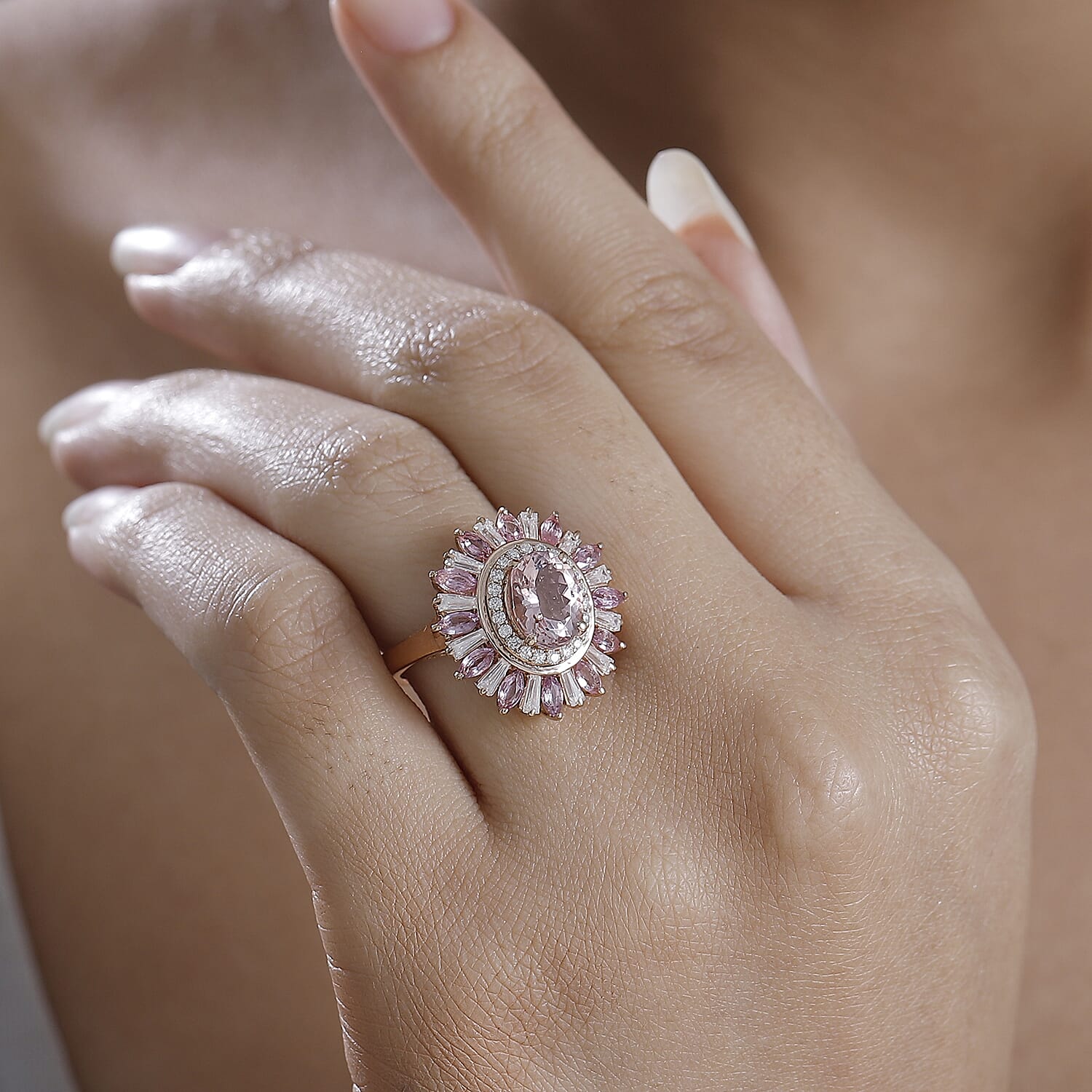 D'Joy Premium Pink Morganite and Multi Gemstone 3.50 ctw Floral Ring in 18K Vermeil RG Over Sterling Silver (Size 10.0) 