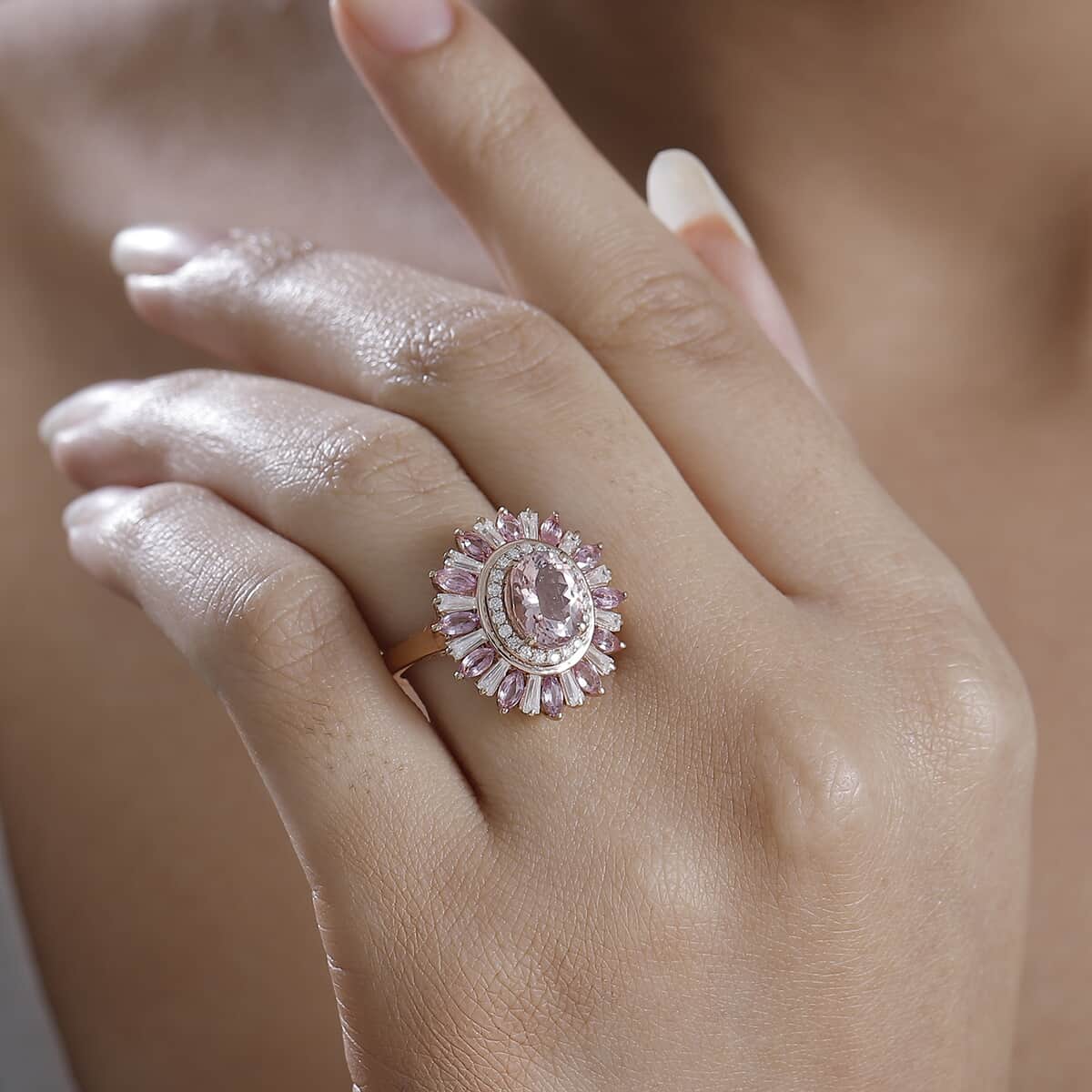 Premium Pink Morganite and Multi Gemstone 3.50 ctw Floral Ring in 18K Vermeil RG Over Sterling Silver (Size 10.0)  image number 2