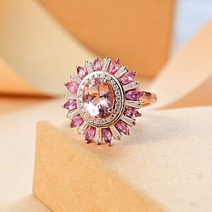 Premium Pink Morganite and Multi Gemstone 3.50 ctw Floral Ring in 18K Vermeil RG Over Sterling Silver (Size 9.0) 