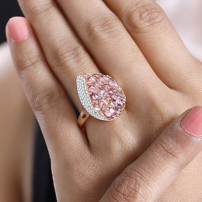 Narsipatnam Pink Spinel and Moissanite 2.90 ctw Radiant Dewdrop Ring in 18K Vermeil Rose Gold Over Sterling Silver (Size 10.0)