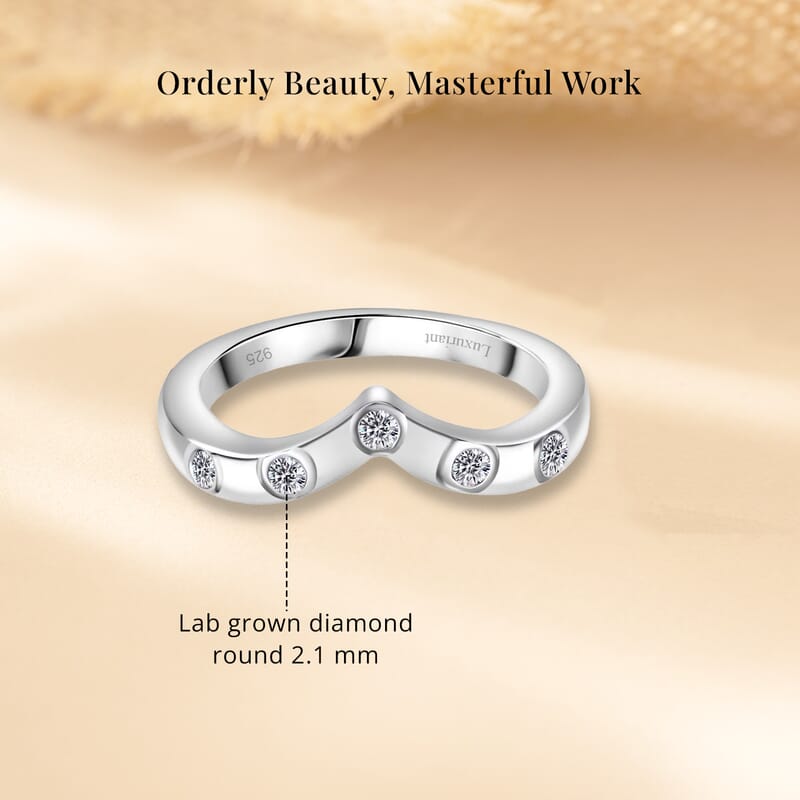 Luxuriant Lab Grown Diamond (G-H, SI) Chevron Ring in Rhodium Over Sterling Silver (Size 10.0) 0.20 ctw