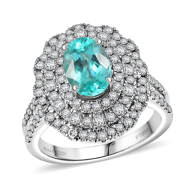 Rhapsody AAAA Paraiba Tourmaline, Diamond (E-F, VS) Ring in 950 Platinum 3.01 ctw (Size 10.0) With Free Paraiba Book