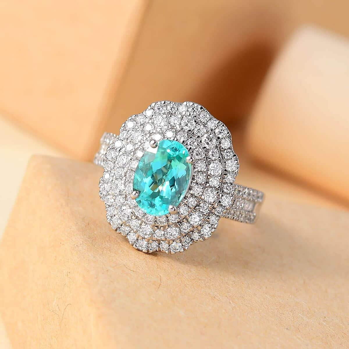 Rhapsody AAAA Paraiba Tourmaline and E-F VS Diamond 3.01 ctw Ring in 950 Platinum (Size 10.0) 7.12 Grams image number 1