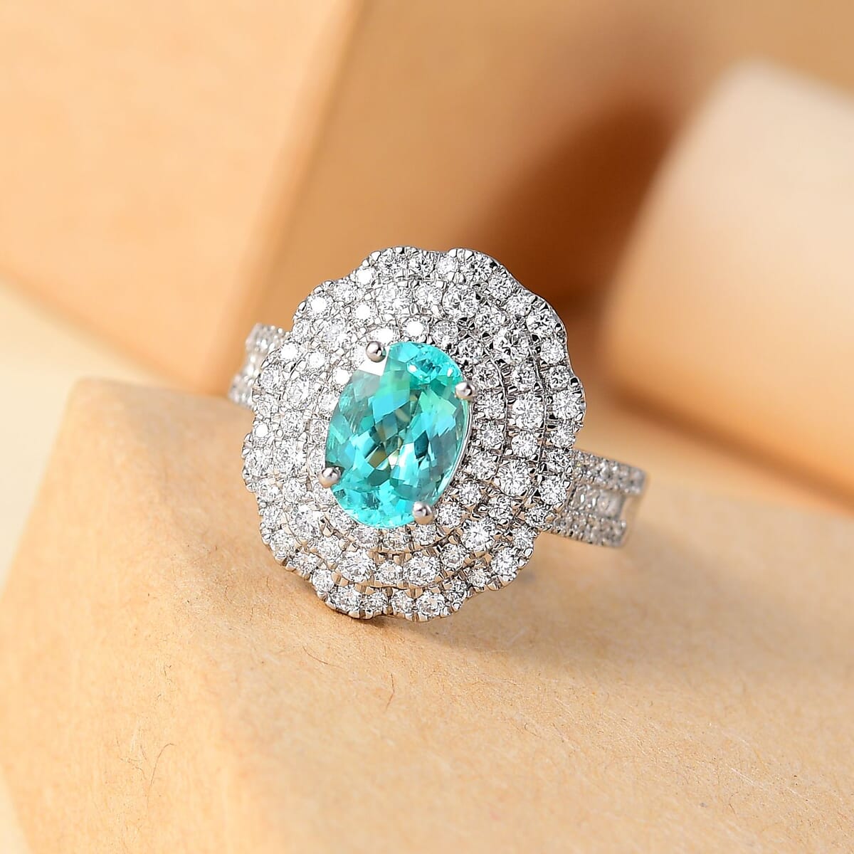 Rhapsody AAAA Paraiba Tourmaline and E-F VS Diamond 3.01 ctw Ring in 950 Platinum (Size 7.0) 7.12 Grams image number 1
