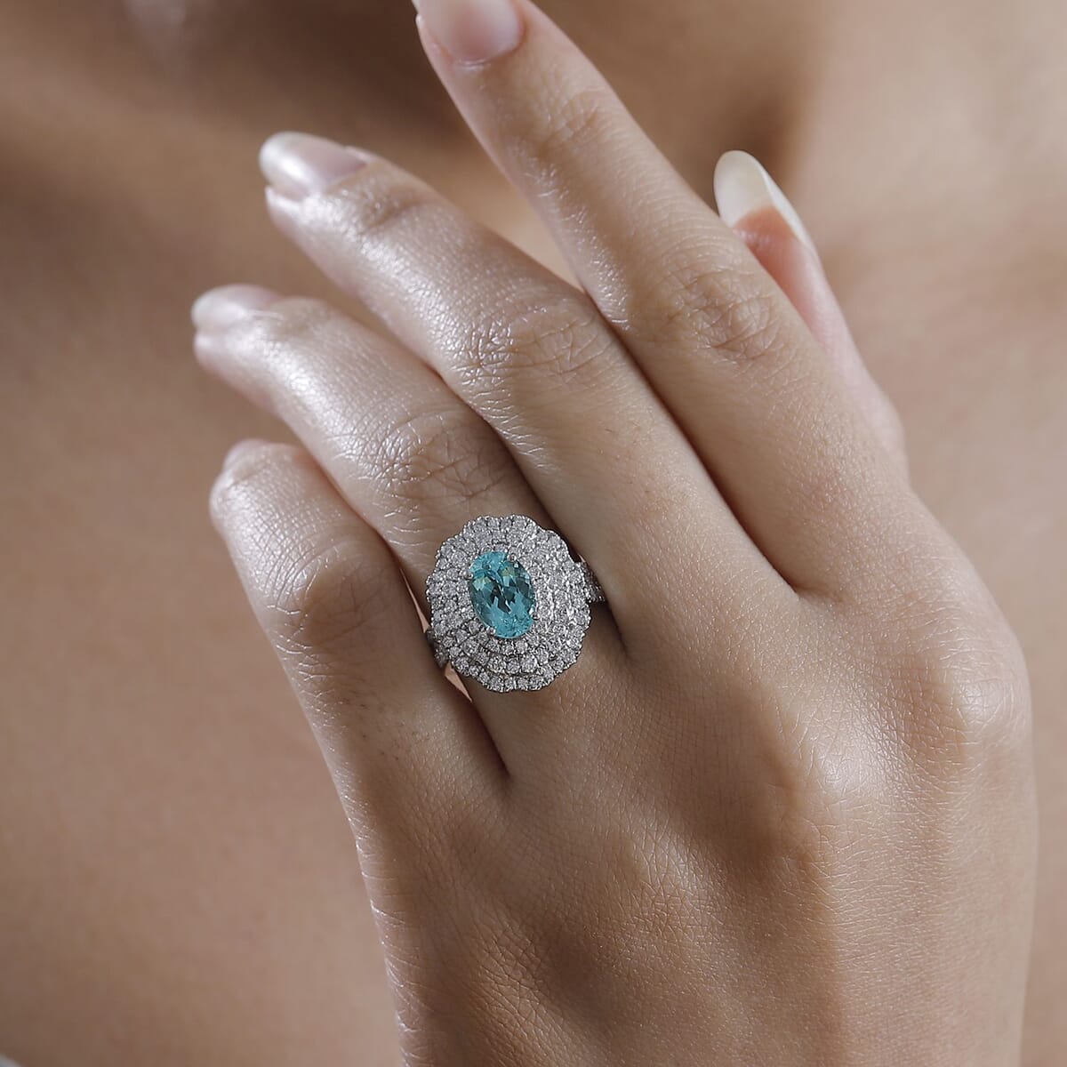 Rhapsody AAAA Paraiba Tourmaline and E-F VS Diamond 3.01 ctw Ring in 950 Platinum (Size 7.0) 7.12 Grams image number 2