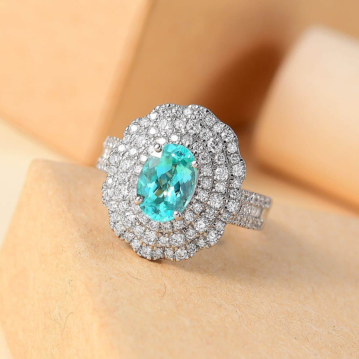 Rhapsody AAAA Paraiba Tourmaline and E-F VS Diamond 3.01 ctw Ring in 950 Platinum (Size 7.5) 7.12 Grams image number 1