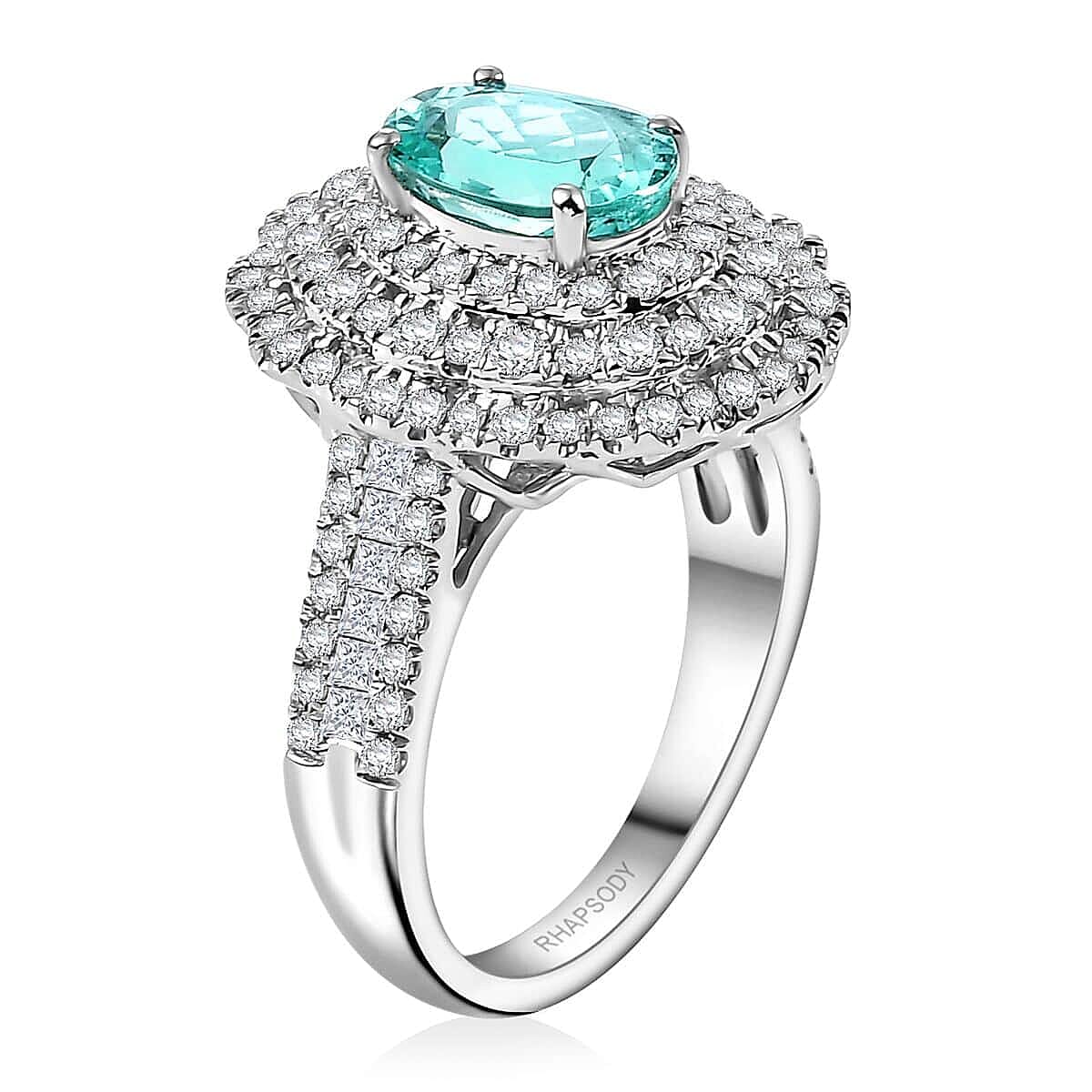 Rhapsody AAAA Paraiba Tourmaline and E-F VS Diamond 3.01 ctw Ring in 950 Platinum (Size 7.5) 7.12 Grams image number 3