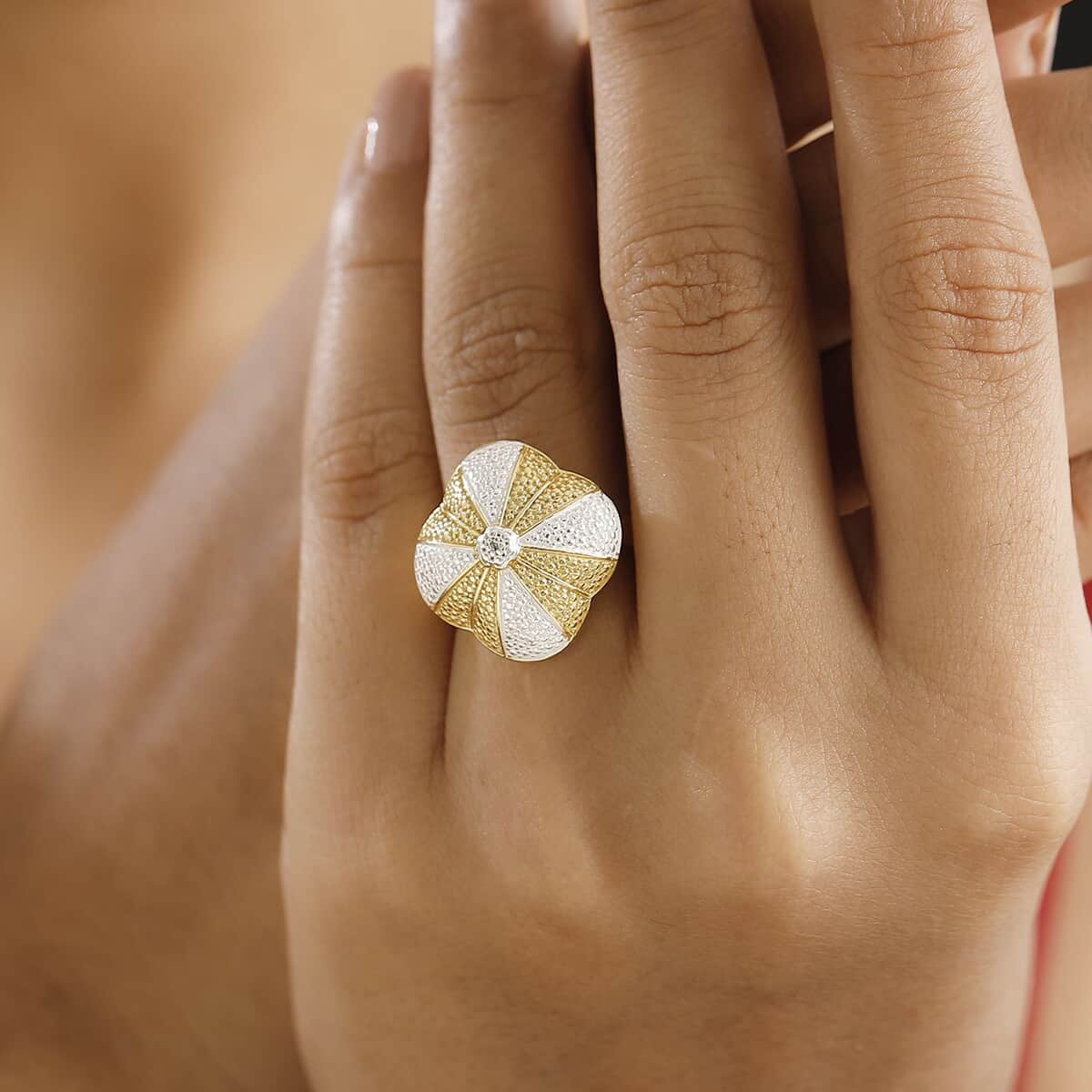 Karis White Diamond Accent Floral Ring in 18K YG Plated and Platinum Bond (Size 10.0) image number 2