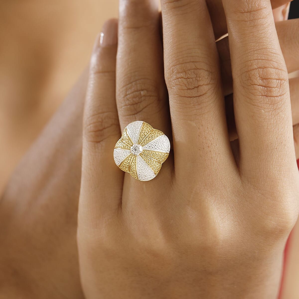 Karis White Diamond Accent Floral Ring in 18K YG Plated and Platinum Bond (Size 6.0) image number 2